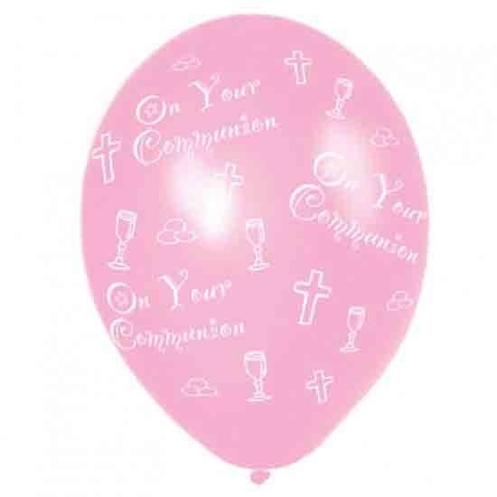 First Communion Latex Balloons - Radiant Cross Pink
