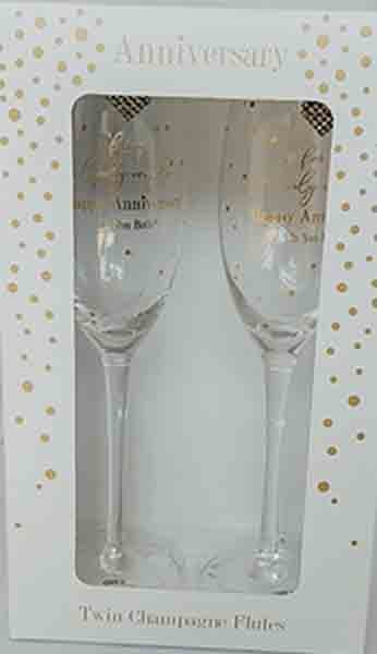 "For A Lovely Couple Happy Anniversary To You Both" Twin Champagne Flutes