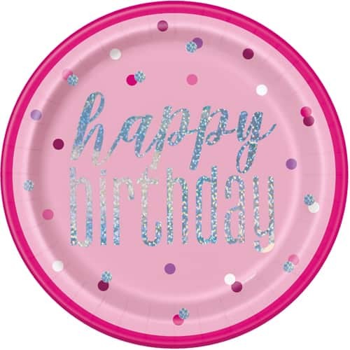 Happy Birthday Glitzy Pink and Silver Plates